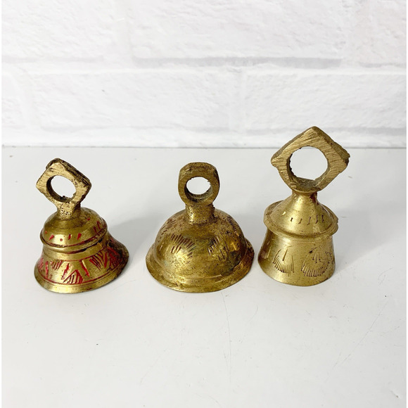 Vintage Brass Handheld Bell Fingertip Etched Meditation Set of 3 - Picture 1 of 4